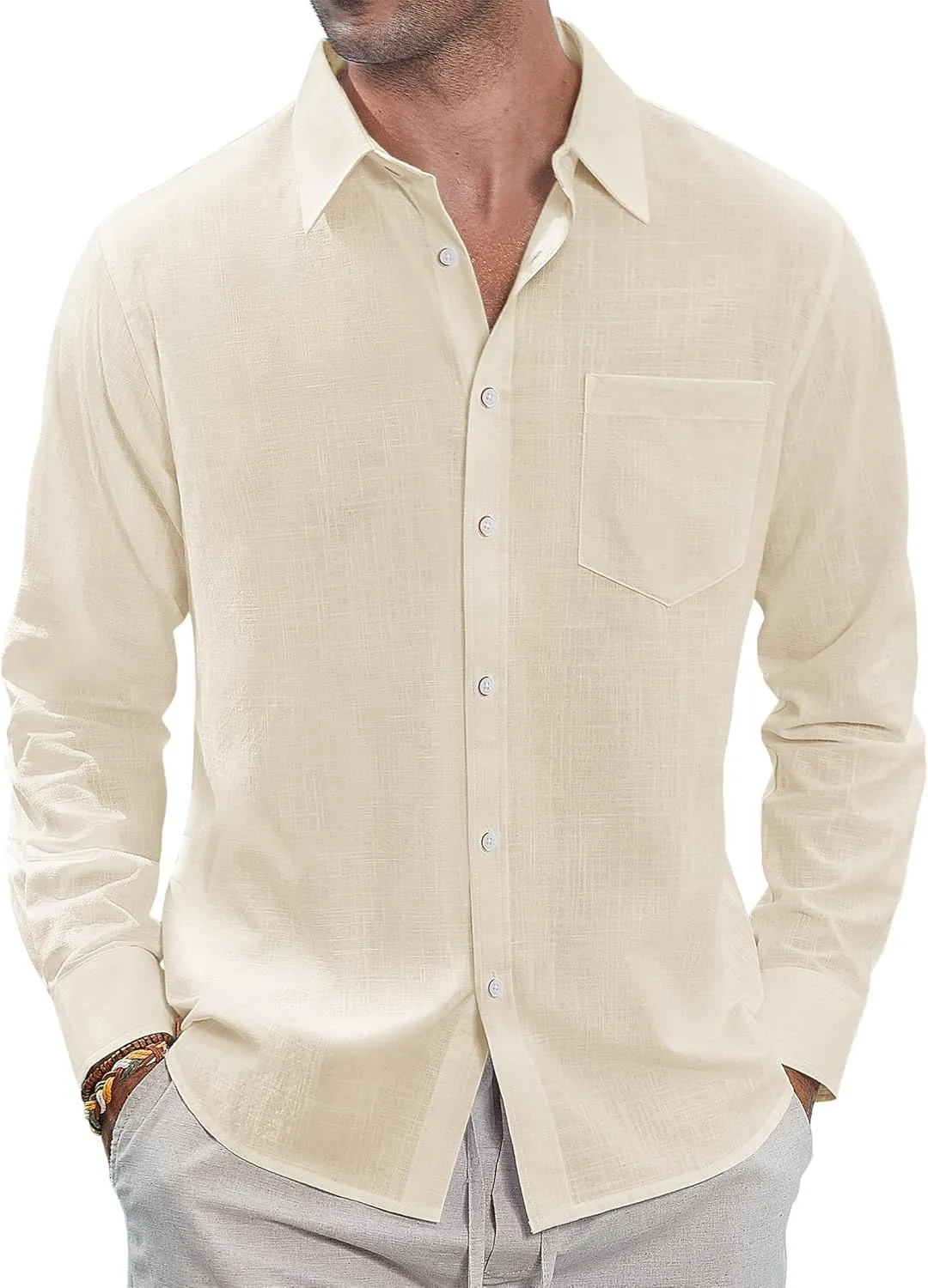 J.VER Men's Linen Shirts Casual Button Down Long Sleeve Shirt Solid Spread Collar Summer Beach Shirts with Pocket