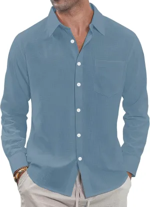 J.VER Men's Linen Shirts Casual Button Down Long Sleeve Shirt Solid Spread Collar Summer Beach Shirts with Pocket