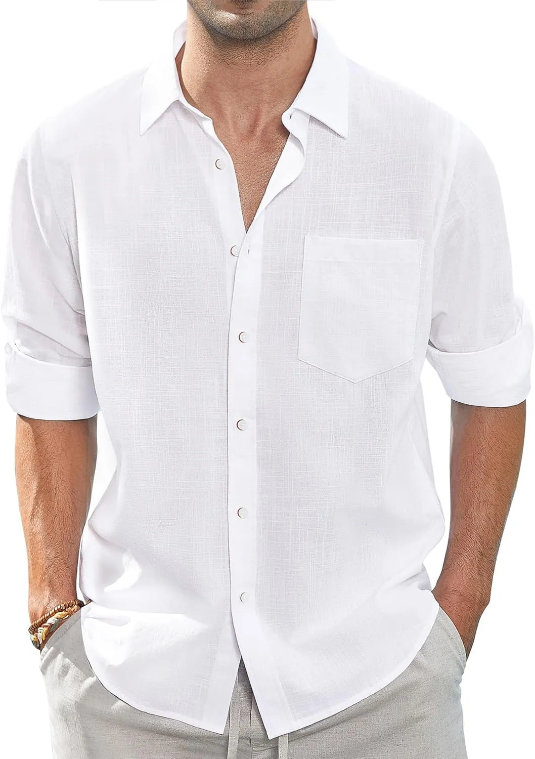 J.VER Men's Linen Shirts Casual Button Down Long Sleeve Shirt Solid Spread Collar Summer Beach Shirts with Pocket