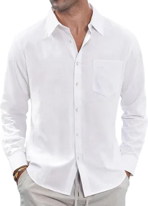 J.VER Men's Linen Shirts Casual Button Down Long Sleeve Shirt Solid Spread Collar Summer Beach Shirts with Pocket