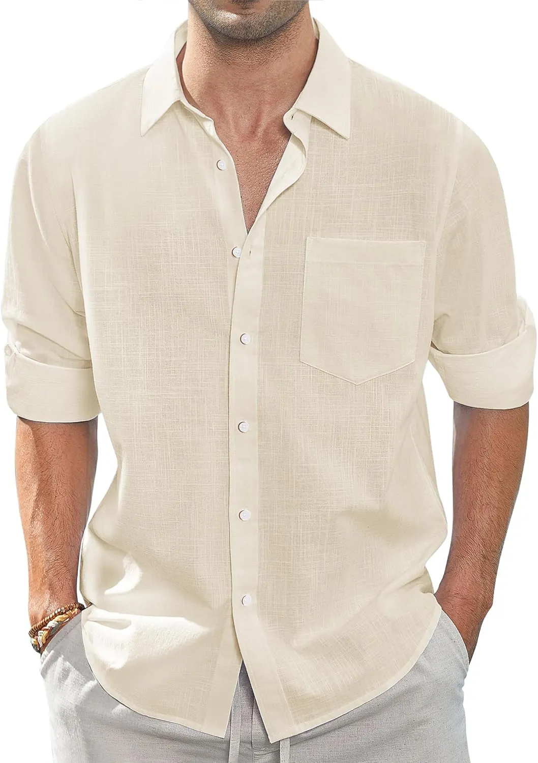 J.VER Men's Linen Shirts Casual Button Down Long Sleeve Shirt Solid Spread Collar Summer Beach Shirts with Pocket