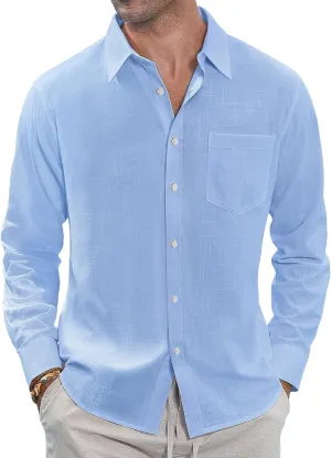 J.VER Men's Linen Shirts Casual Button Down Long Sleeve Shirt Solid Spread Collar Summer Beach Shirts with Pocket