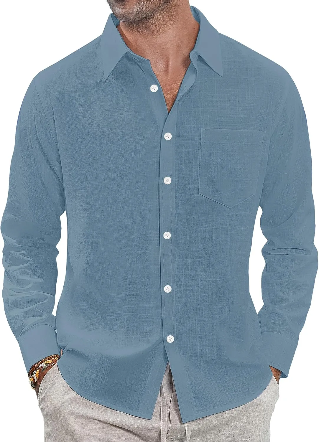 J.VER Men's Linen Shirts Casual Button Down Long Sleeve Shirt Solid Spread Collar Summer Beach Shirts with Pocket
