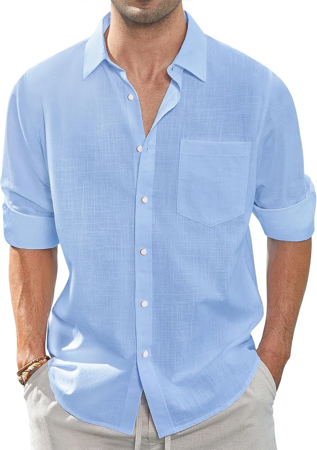 J.VER Men's Linen Shirts Casual Button Down Long Sleeve Shirt Solid Spread Collar Summer Beach Shirts with Pocket