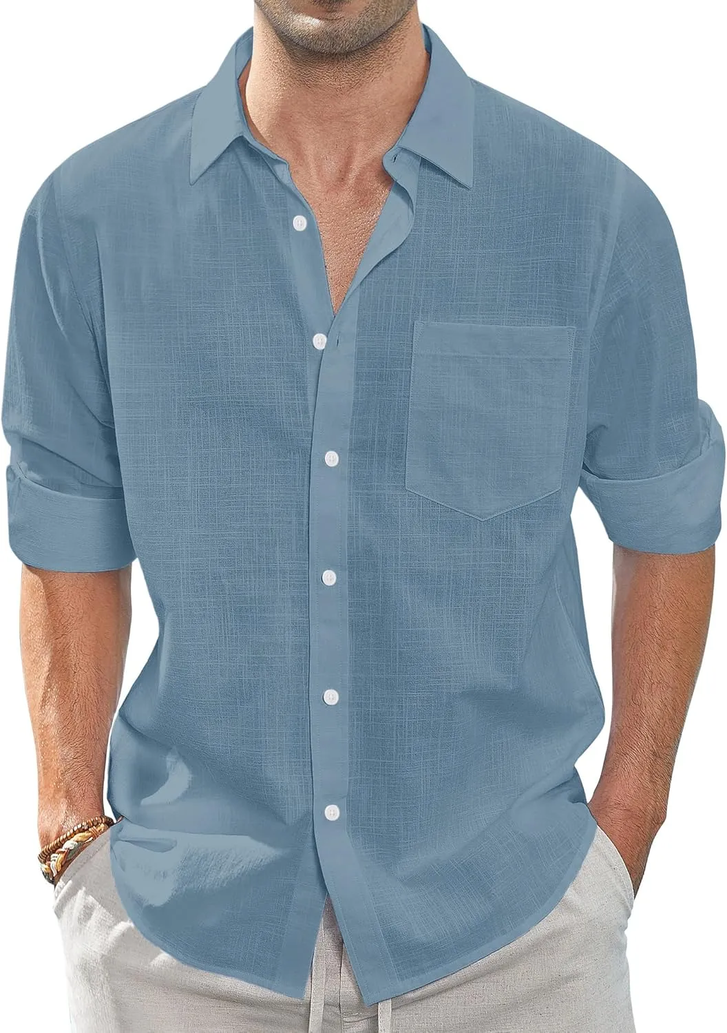 J.VER Men's Linen Shirts Casual Button Down Long Sleeve Shirt Solid Spread Collar Summer Beach Shirts with Pocket