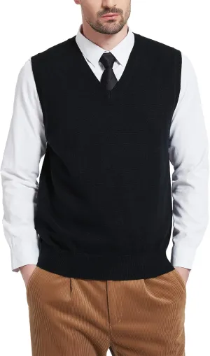 Kallspin Men's Wool Blended Vest Sweater Relaxed Fit V Neck Sleeveless Knitted Pullover