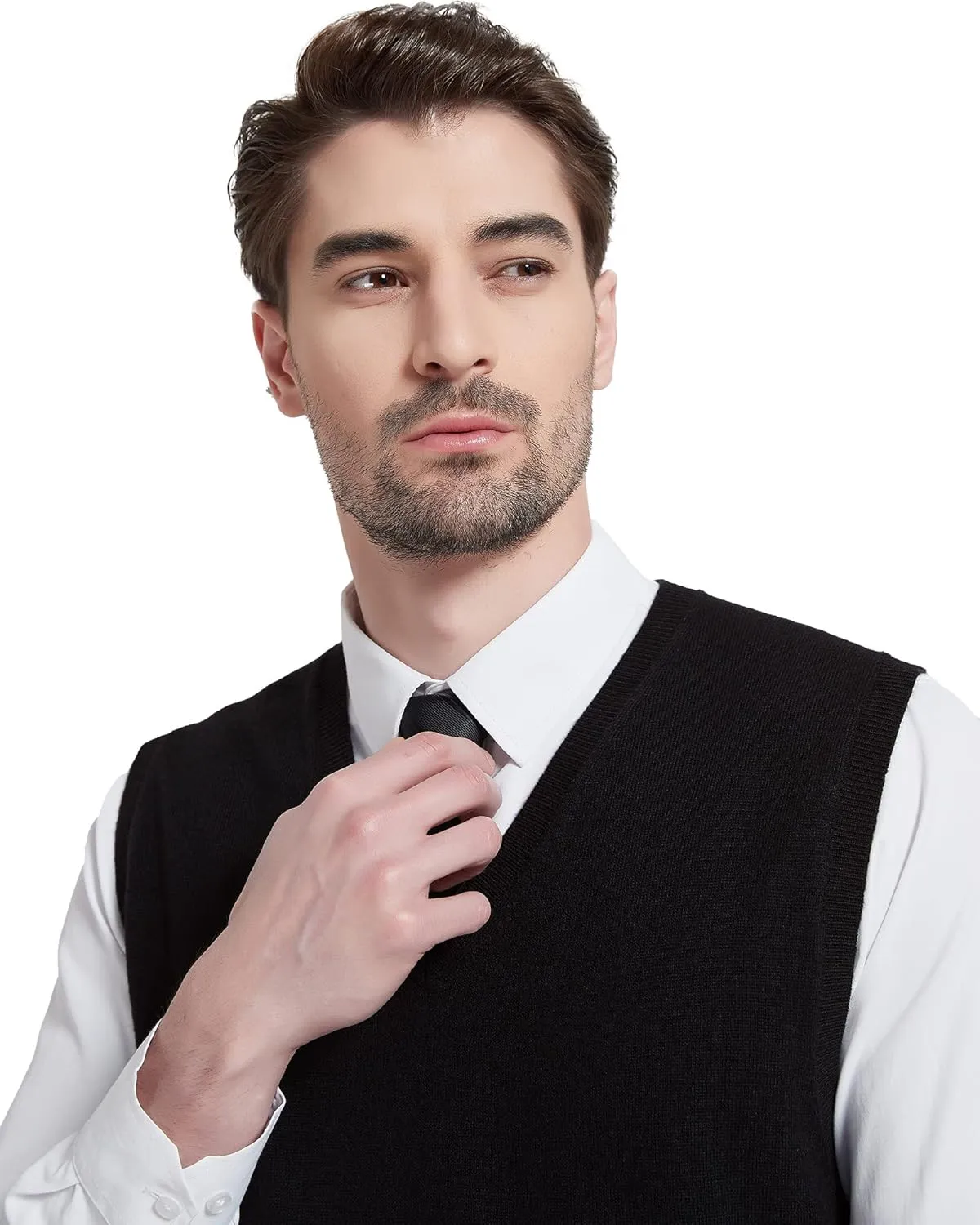 Kallspin Men's Wool Blended Vest Sweater Relaxed Fit V Neck Sleeveless Knitted Pullover