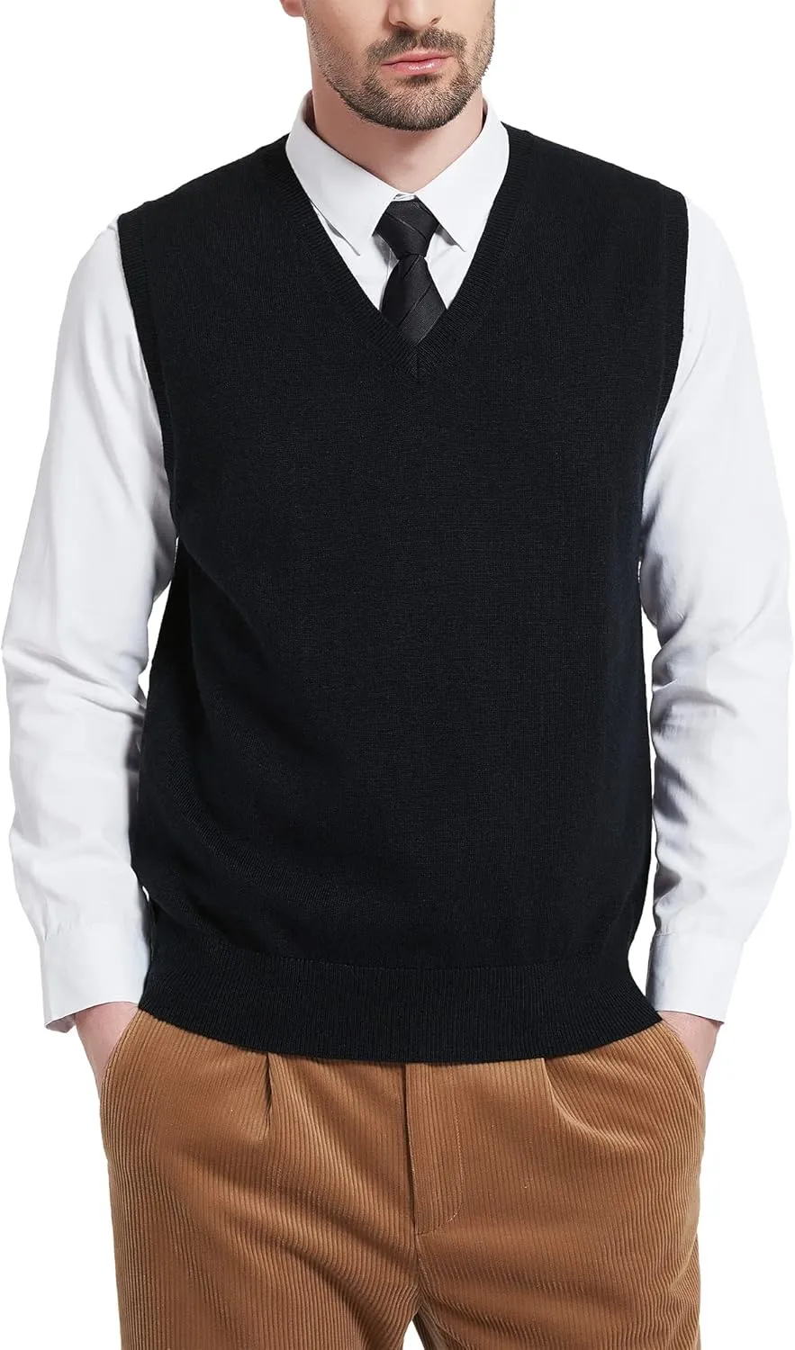 Kallspin Men's Wool Blended Vest Sweater Relaxed Fit V Neck Sleeveless Knitted Pullover