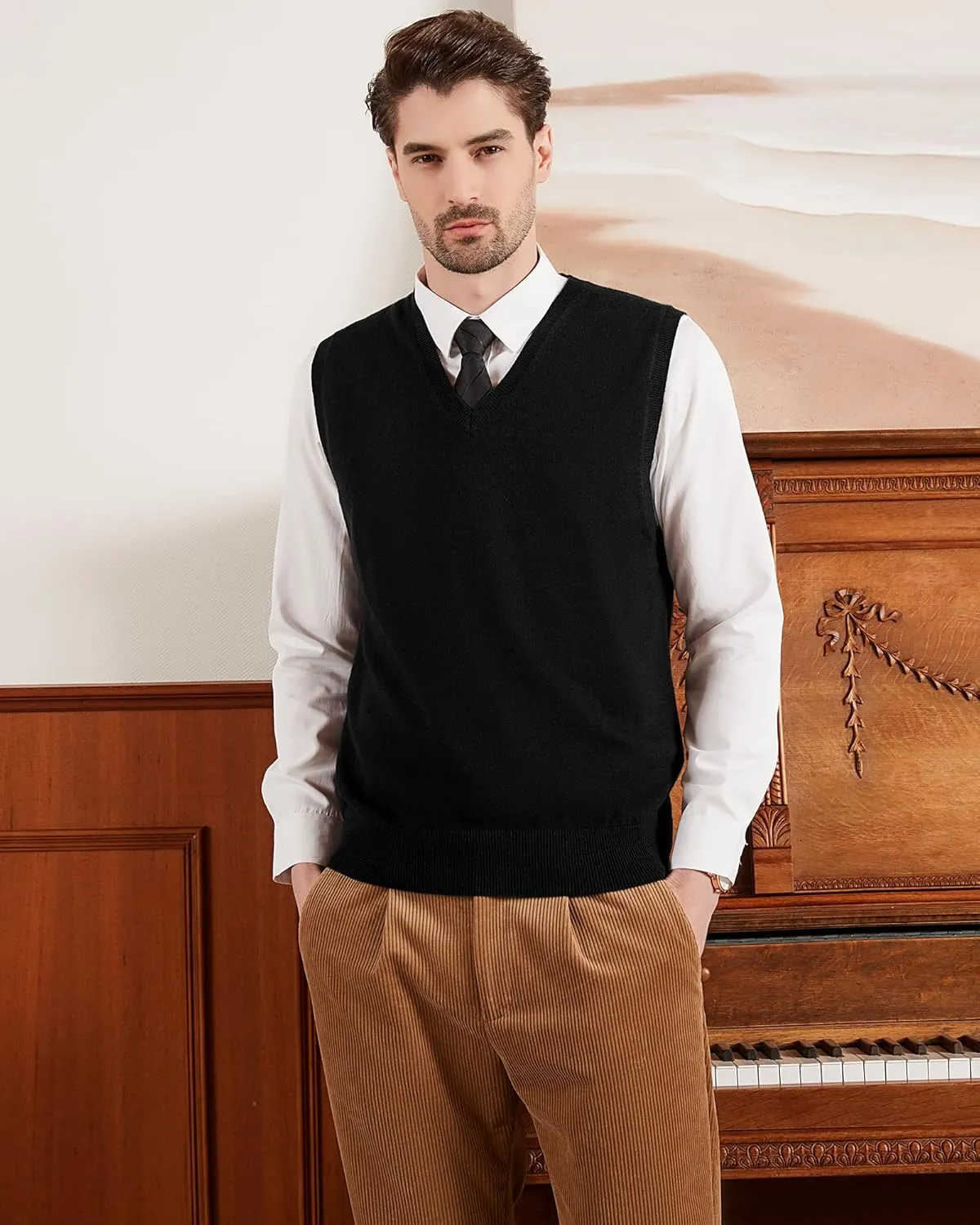 Kallspin Men's Wool Blended Vest Sweater Relaxed Fit V Neck Sleeveless Knitted Pullover