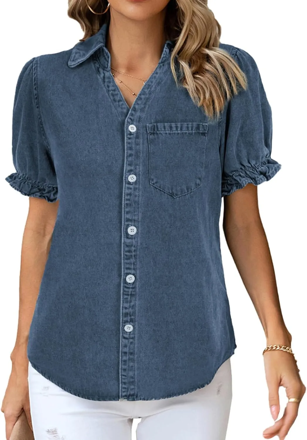 KANCY KOLE Womens Denim Shirts Button Down Short Puff Sleeve Lightweight Jeans Shirts with Pocket Business Casual Tops