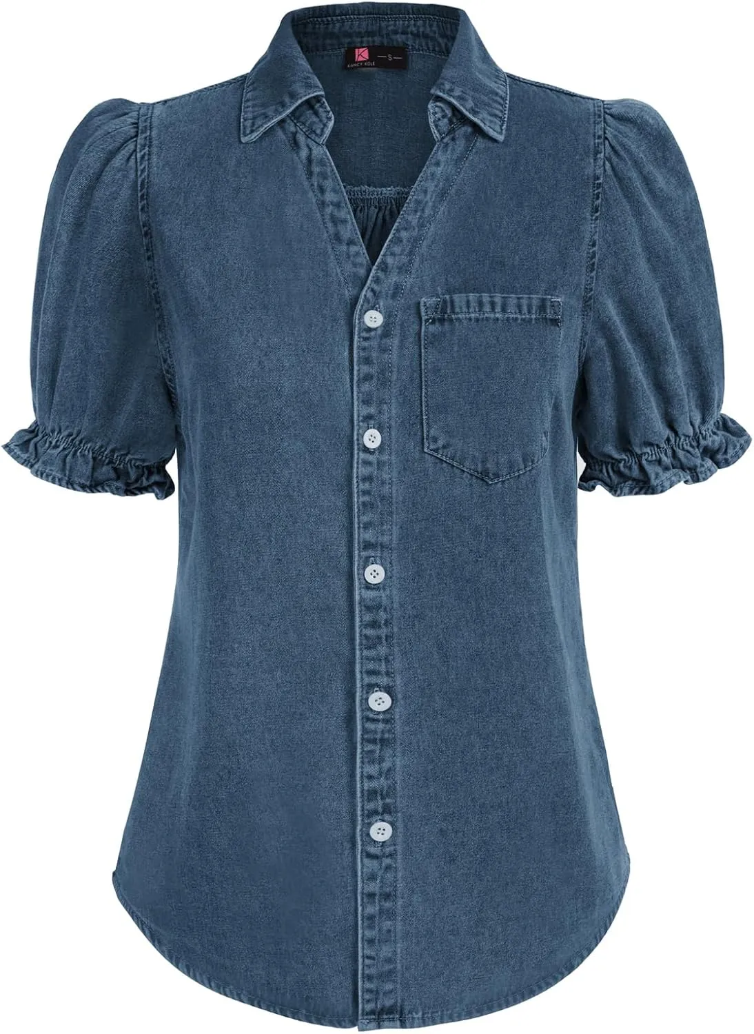KANCY KOLE Womens Denim Shirts Button Down Short Puff Sleeve Lightweight Jeans Shirts with Pocket Business Casual Tops