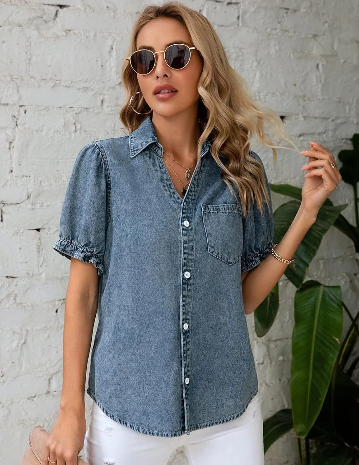 KANCY KOLE Womens Denim Shirts Button Down Short Puff Sleeve Lightweight Jeans Shirts with Pocket Business Casual Tops