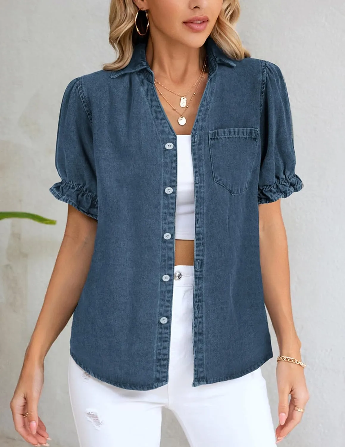 KANCY KOLE Womens Denim Shirts Button Down Short Puff Sleeve Lightweight Jeans Shirts with Pocket Business Casual Tops