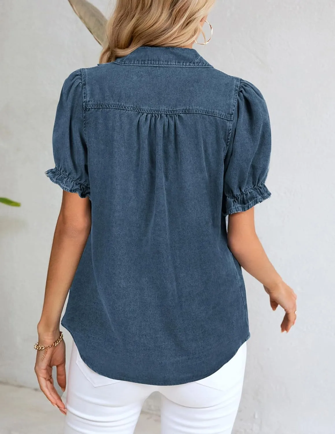 KANCY KOLE Womens Denim Shirts Button Down Short Puff Sleeve Lightweight Jeans Shirts with Pocket Business Casual Tops