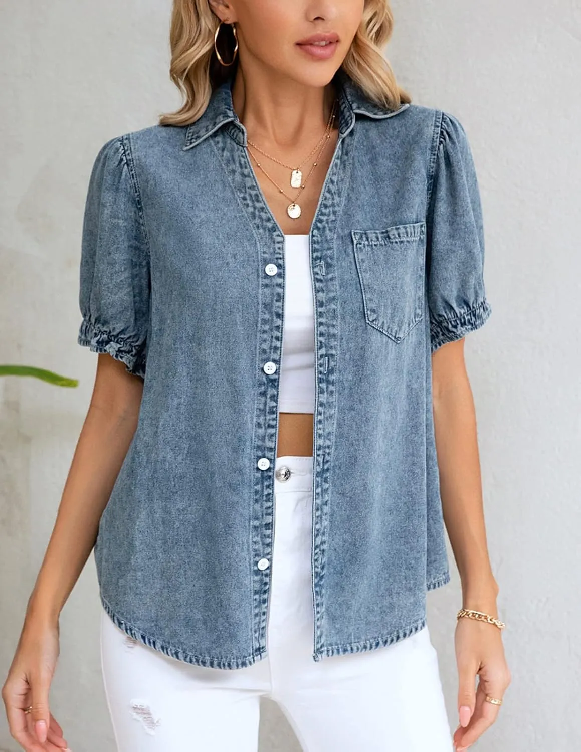 KANCY KOLE Womens Denim Shirts Button Down Short Puff Sleeve Lightweight Jeans Shirts with Pocket Business Casual Tops