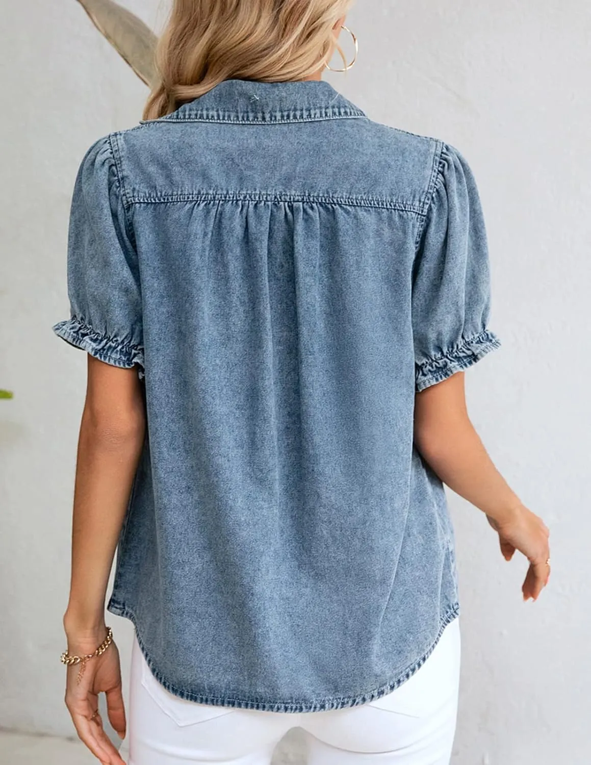 KANCY KOLE Womens Denim Shirts Button Down Short Puff Sleeve Lightweight Jeans Shirts with Pocket Business Casual Tops
