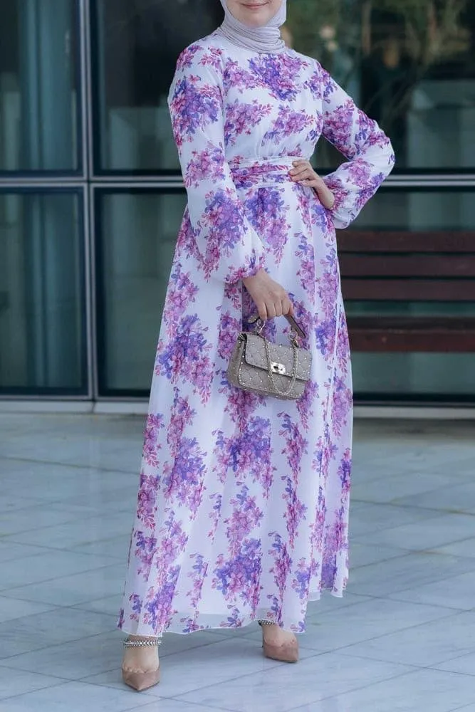 Karine lantern-sleeve floral-print dress