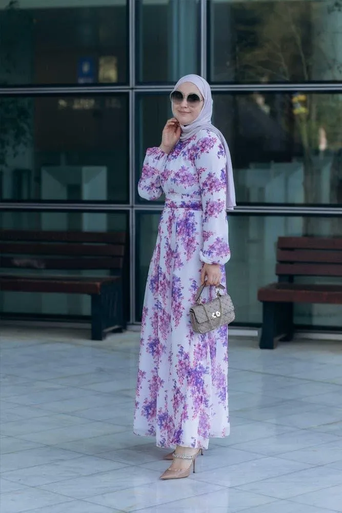 Karine lantern-sleeve floral-print dress