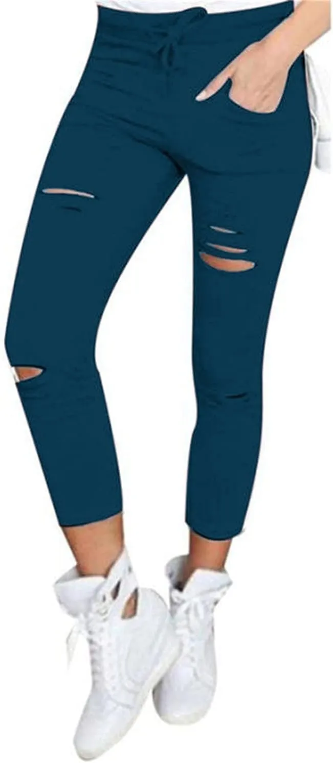 Kaxiya2021 Women's Cutout Ripped Skinny Leggings High Waist Drawstring Distressed Workout Stretchy Slim Trousers Yoga Pants