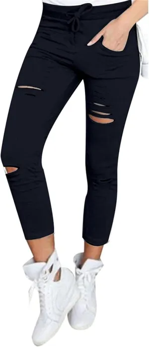 Kaxiya2021 Women's Cutout Ripped Skinny Leggings High Waist Drawstring Distressed Workout Stretchy Slim Trousers Yoga Pants
