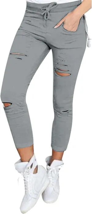 Kaxiya2021 Women's Cutout Ripped Skinny Leggings High Waist Drawstring Distressed Workout Stretchy Slim Trousers Yoga Pants