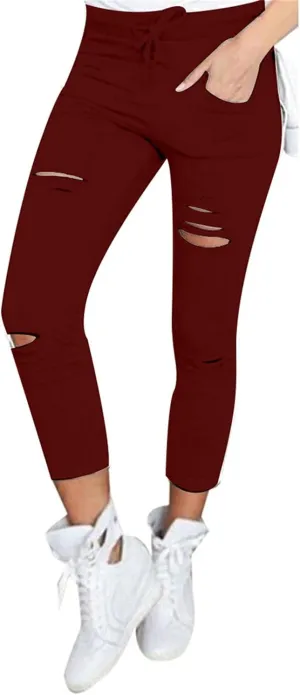 Kaxiya2021 Women's Cutout Ripped Skinny Leggings High Waist Drawstring Distressed Workout Stretchy Slim Trousers Yoga Pants