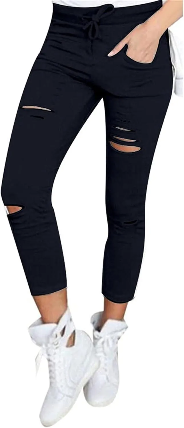 Kaxiya2021 Women's Cutout Ripped Skinny Leggings High Waist Drawstring Distressed Workout Stretchy Slim Trousers Yoga Pants