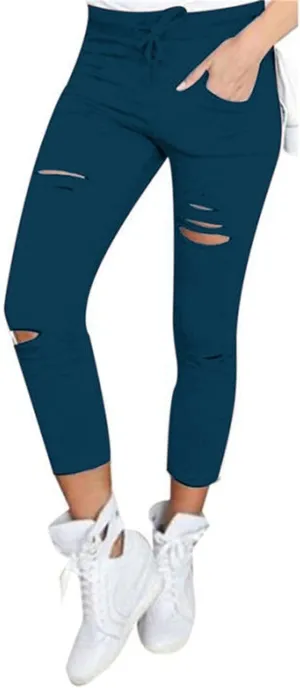 Kaxiya2021 Women's Cutout Ripped Skinny Leggings High Waist Drawstring Distressed Workout Stretchy Slim Trousers Yoga Pants