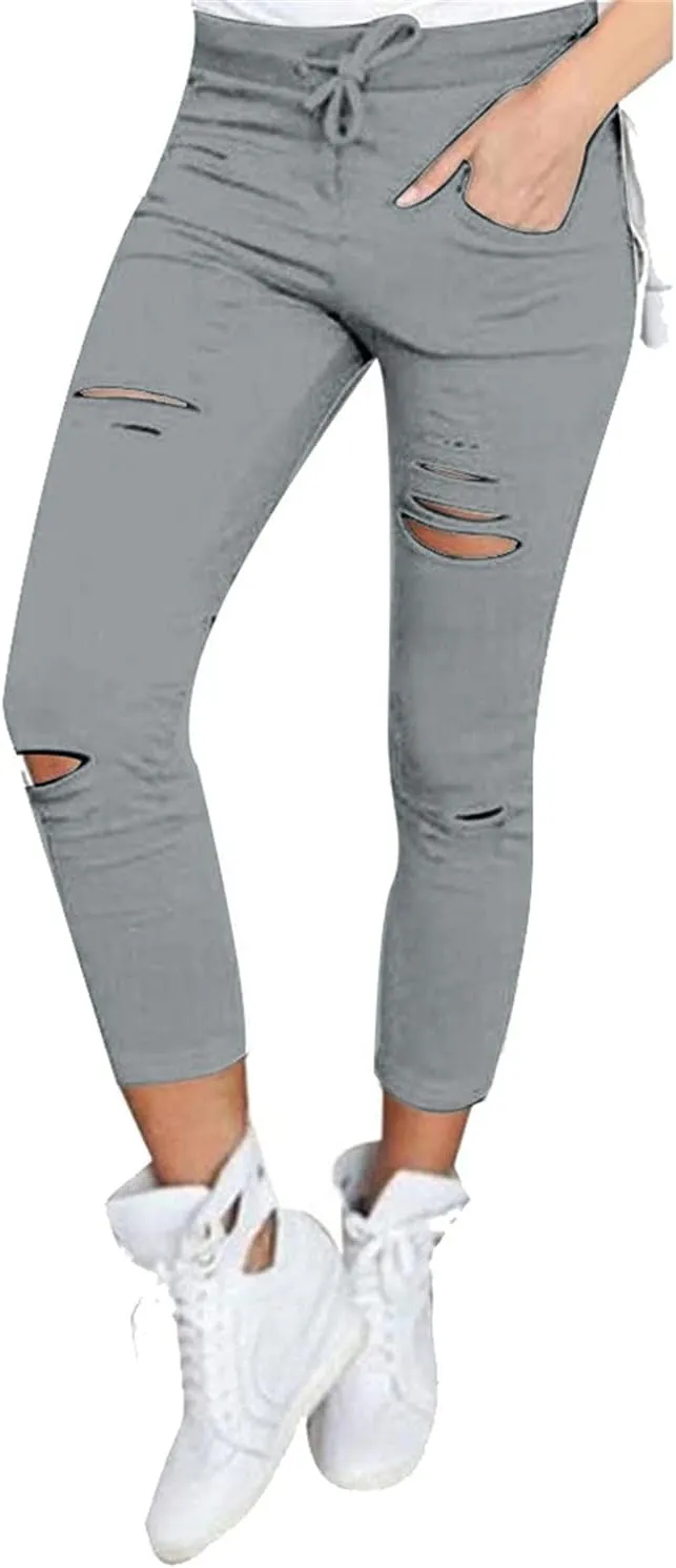 Kaxiya2021 Women's Cutout Ripped Skinny Leggings High Waist Drawstring Distressed Workout Stretchy Slim Trousers Yoga Pants