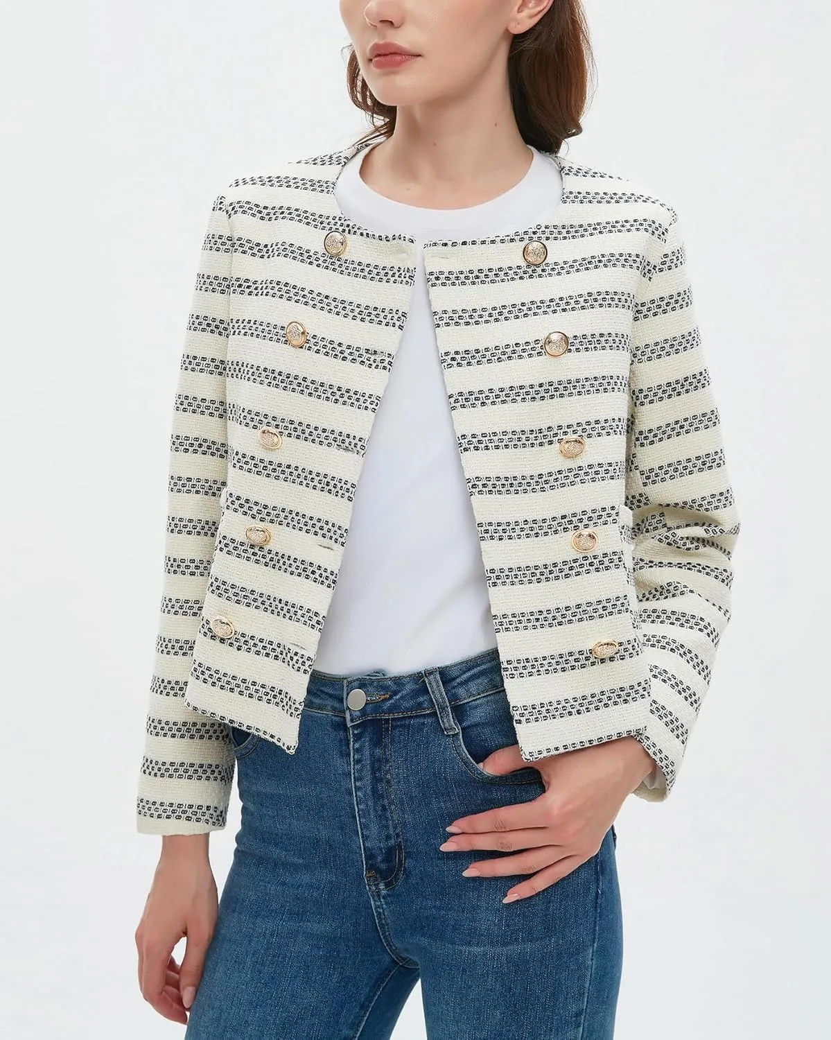 Kedera Womens Cropped Tweed Blazer Jackets Long Sleeve Open Front Blazer for Work Casual Business Outfits
