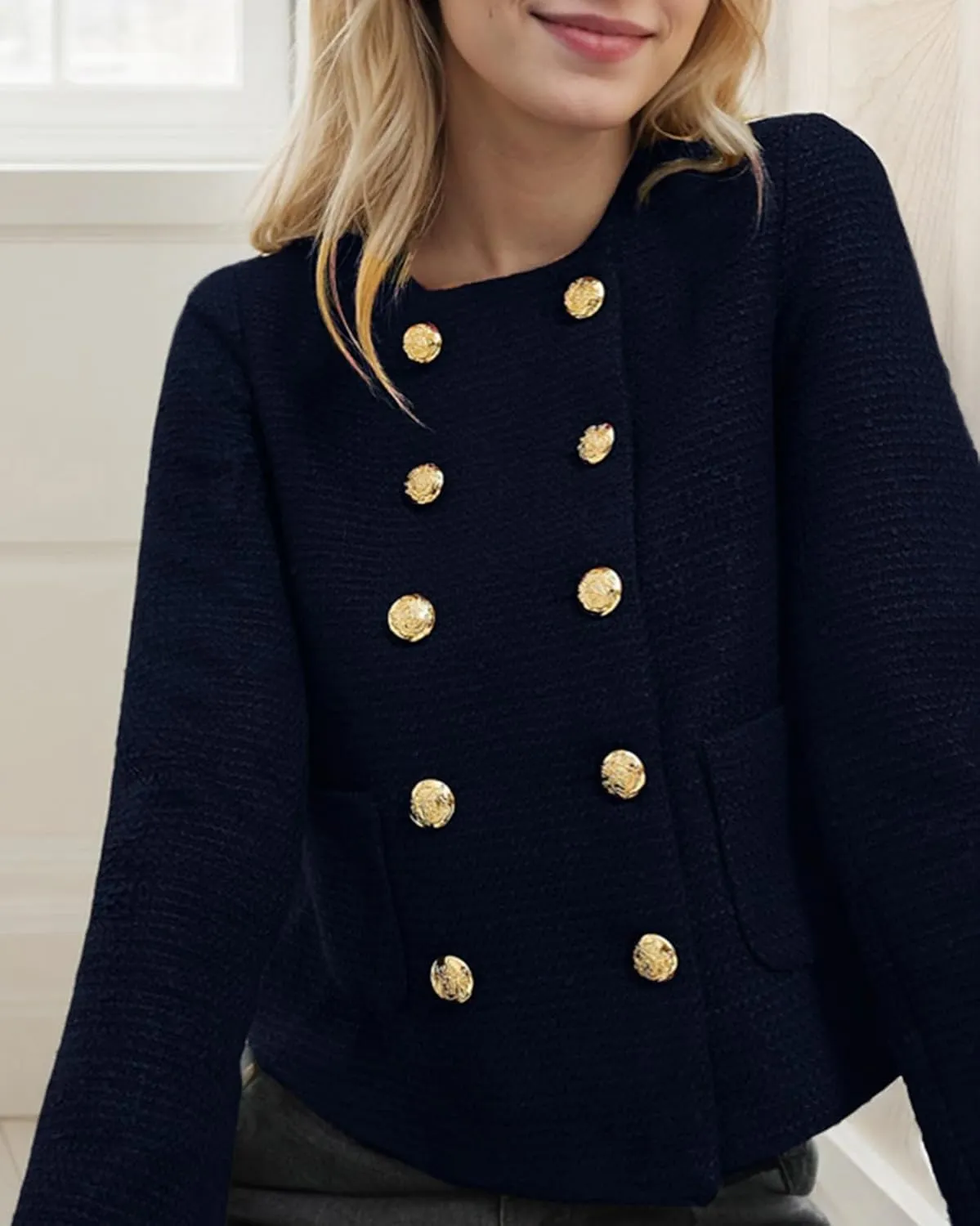 Kedera Womens Cropped Tweed Blazer Jackets Long Sleeve Open Front Blazer for Work Casual Business Outfits