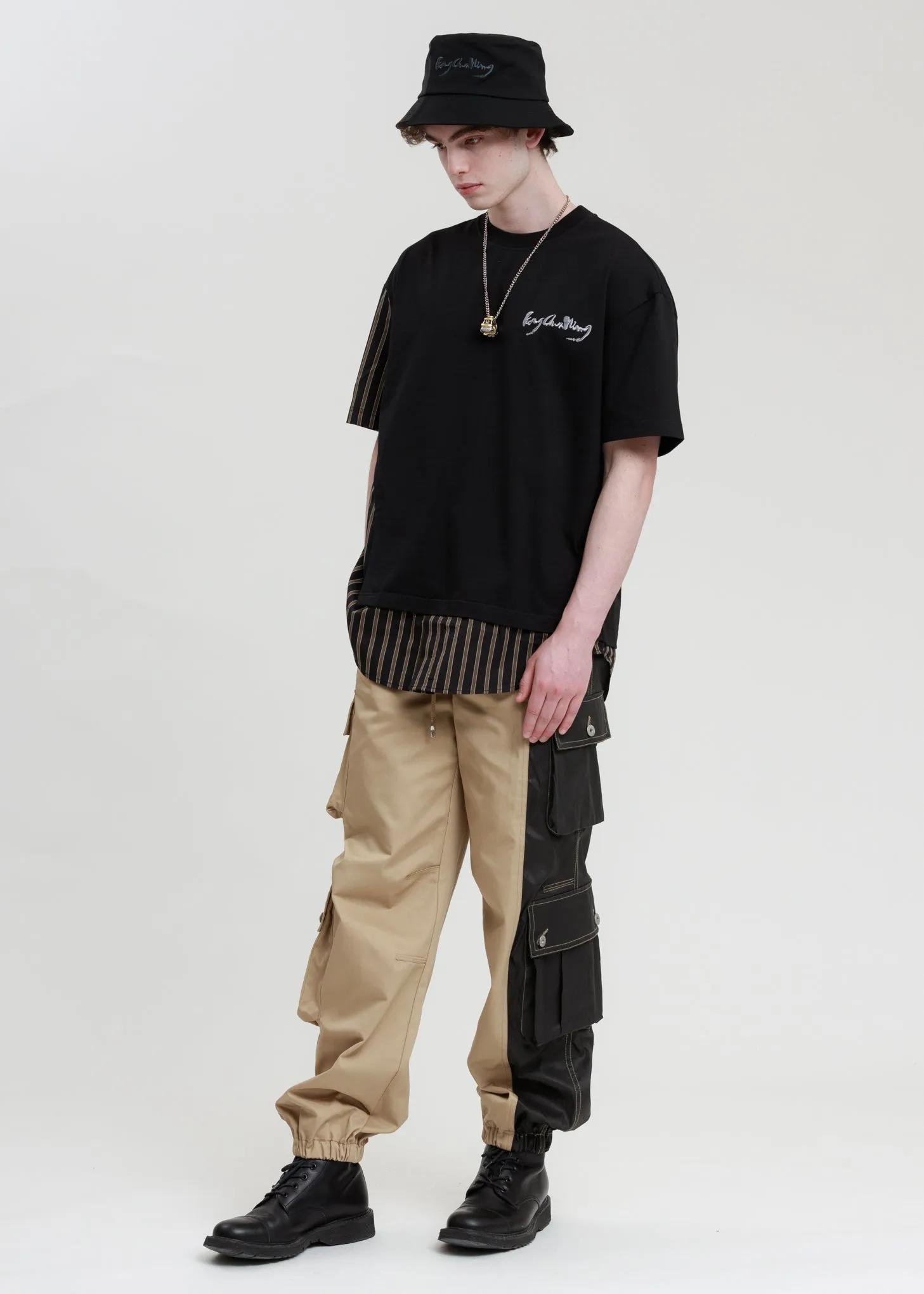 Khaki and Black Cotton Twill Cargo Pants