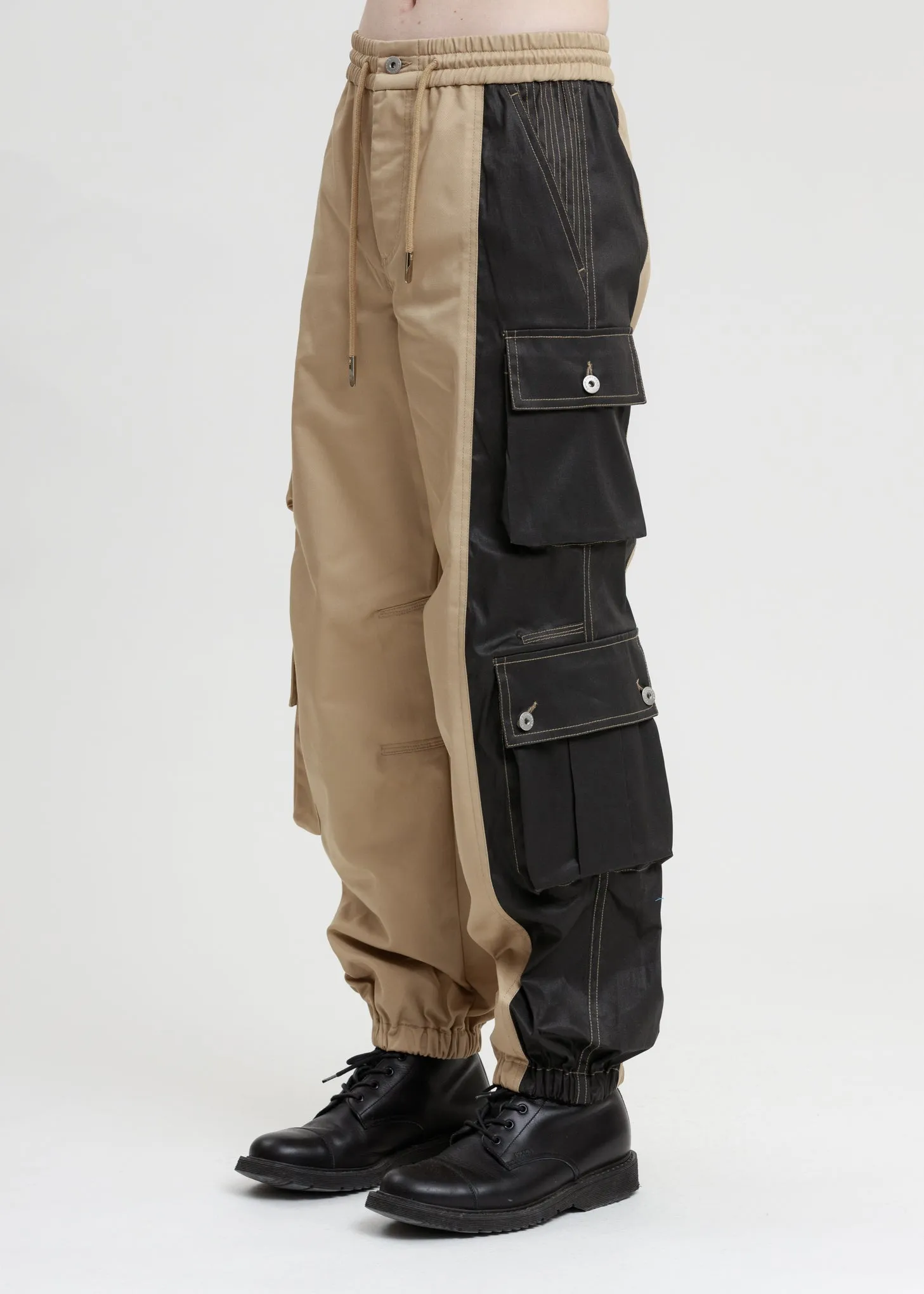 Khaki and Black Cotton Twill Cargo Pants