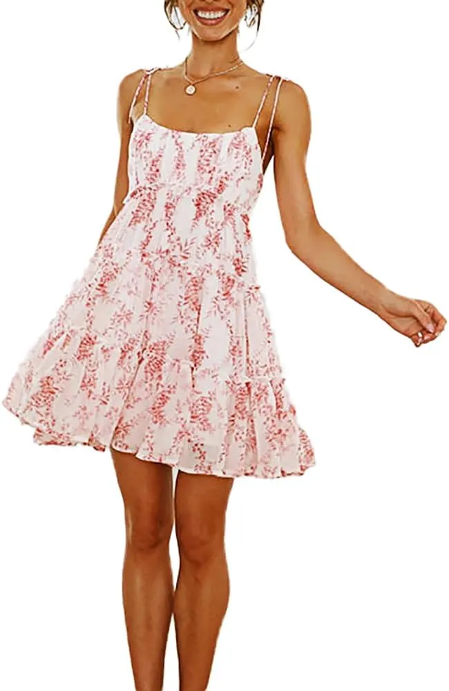 kinstell Women's Boho Spaghetti Strap Ruffle Square Neck Bowknot Backless Sleeveless Elegant Flowy Mini Short Skater Dresses