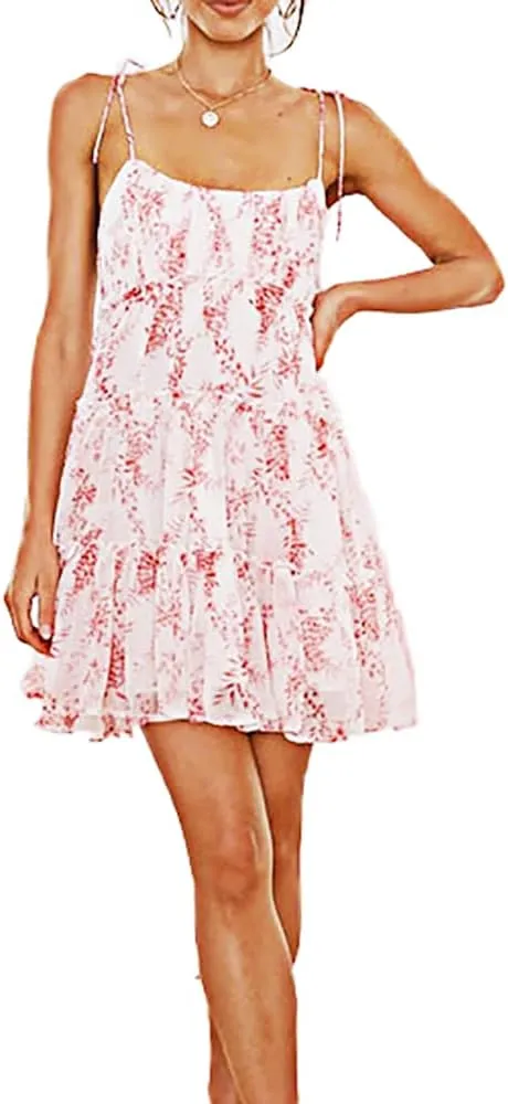 kinstell Women's Boho Spaghetti Strap Ruffle Square Neck Bowknot Backless Sleeveless Elegant Flowy Mini Short Skater Dresses
