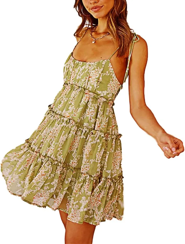 kinstell Women's Boho Spaghetti Strap Ruffle Square Neck Bowknot Backless Sleeveless Elegant Flowy Mini Short Skater Dresses