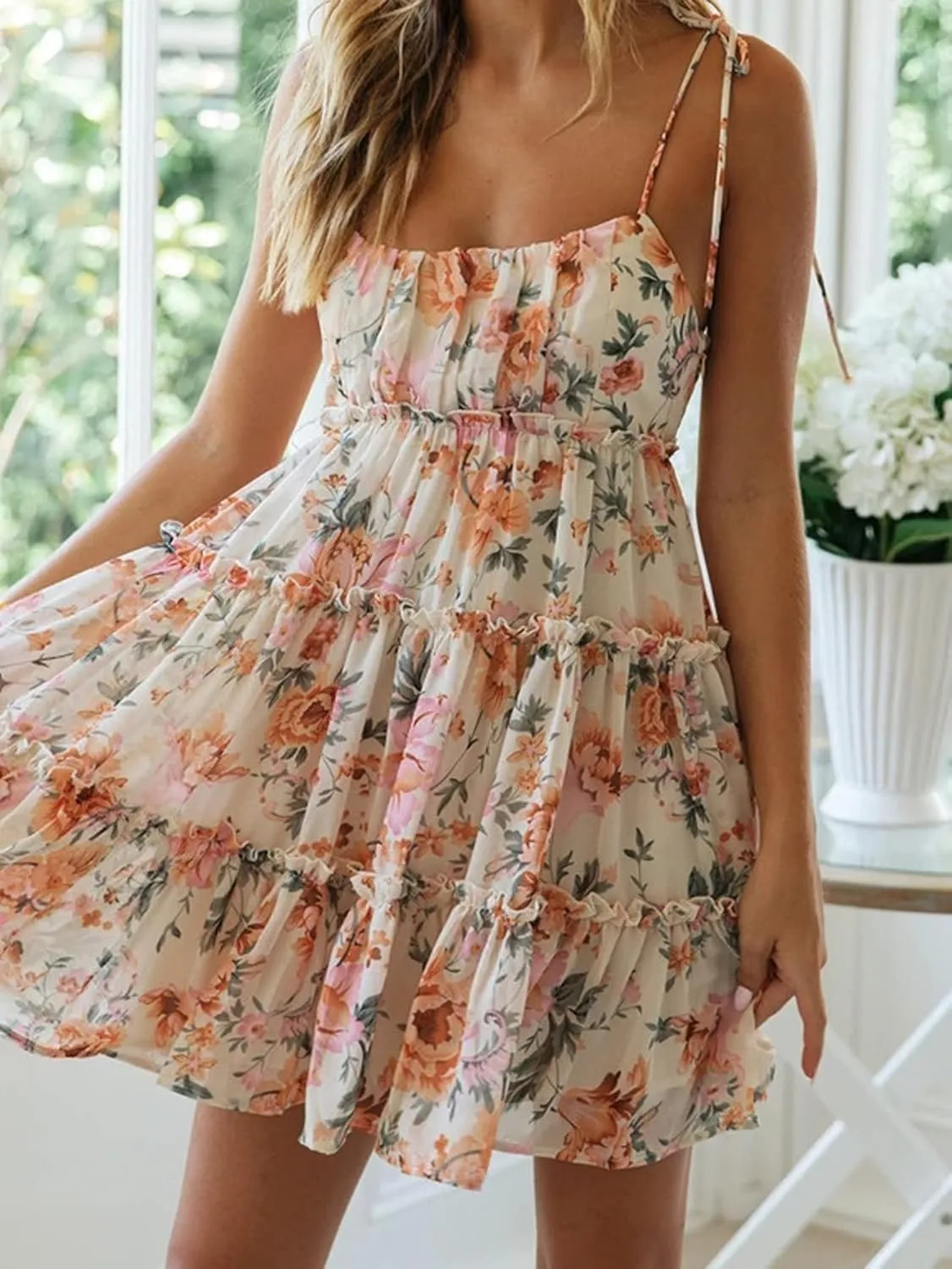 kinstell Women's Boho Spaghetti Strap Ruffle Square Neck Bowknot Backless Sleeveless Elegant Flowy Mini Short Skater Dresses