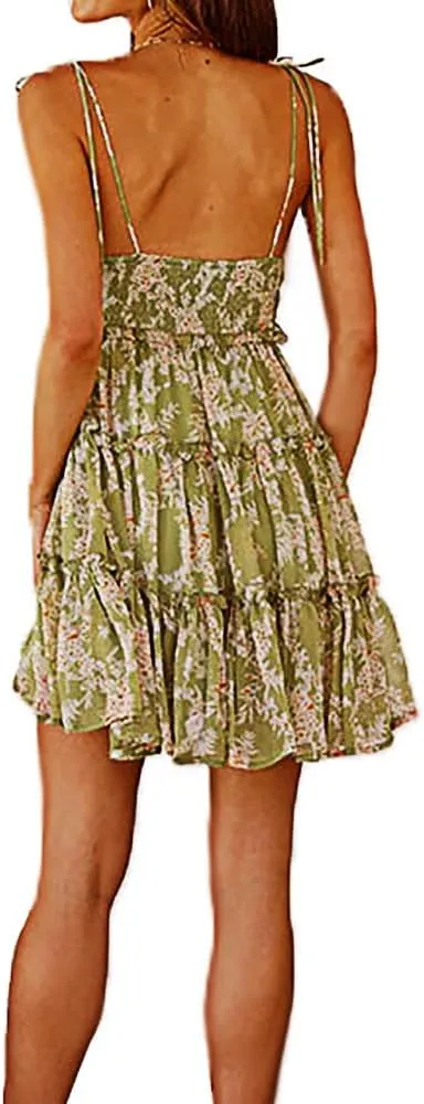 kinstell Women's Boho Spaghetti Strap Ruffle Square Neck Bowknot Backless Sleeveless Elegant Flowy Mini Short Skater Dresses