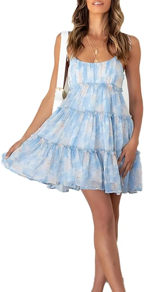 kinstell Women's Boho Spaghetti Strap Ruffle Square Neck Bowknot Backless Sleeveless Elegant Flowy Mini Short Skater Dresses