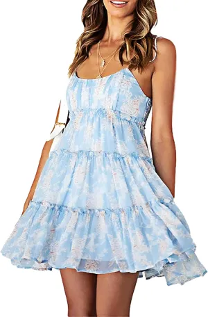 kinstell Women's Boho Spaghetti Strap Ruffle Square Neck Bowknot Backless Sleeveless Elegant Flowy Mini Short Skater Dresses