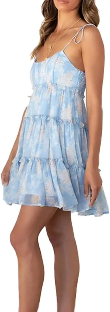 kinstell Women's Boho Spaghetti Strap Ruffle Square Neck Bowknot Backless Sleeveless Elegant Flowy Mini Short Skater Dresses