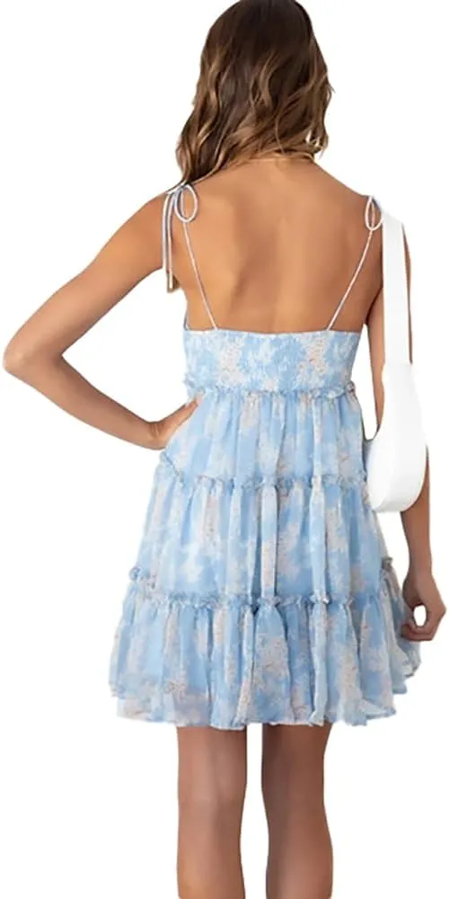 kinstell Women's Boho Spaghetti Strap Ruffle Square Neck Bowknot Backless Sleeveless Elegant Flowy Mini Short Skater Dresses
