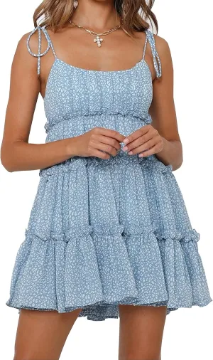 kinstell Women's Boho Spaghetti Strap Ruffle Square Neck Bowknot Backless Sleeveless Elegant Flowy Mini Short Skater Dresses