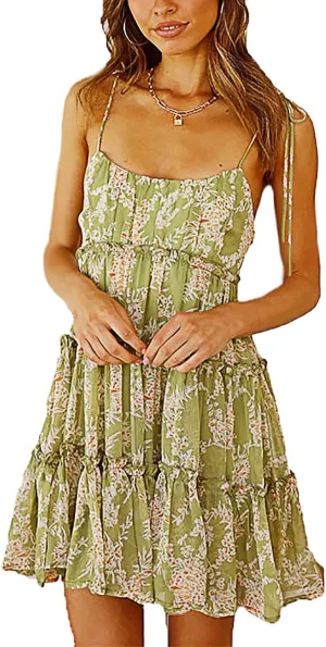 kinstell Women's Boho Spaghetti Strap Ruffle Square Neck Bowknot Backless Sleeveless Elegant Flowy Mini Short Skater Dresses