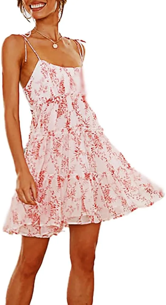 kinstell Women's Boho Spaghetti Strap Ruffle Square Neck Bowknot Backless Sleeveless Elegant Flowy Mini Short Skater Dresses