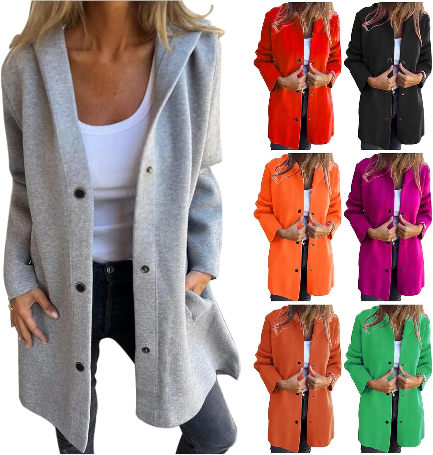 Kubbon Women's Wool Blend Trench Coat Casual Single Breasted Hooded Jacket Lightweight Lapel Long Sleeve Overcoat with Pocket