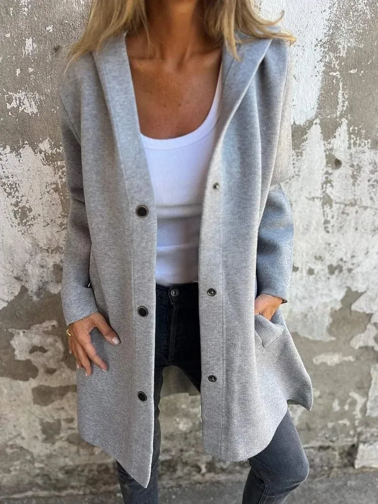 Kubbon Women's Wool Blend Trench Coat Casual Single Breasted Hooded Jacket Lightweight Lapel Long Sleeve Overcoat with Pocket