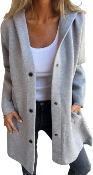 Kubbon Women's Wool Blend Trench Coat Casual Single Breasted Hooded Jacket Lightweight Lapel Long Sleeve Overcoat with Pocket