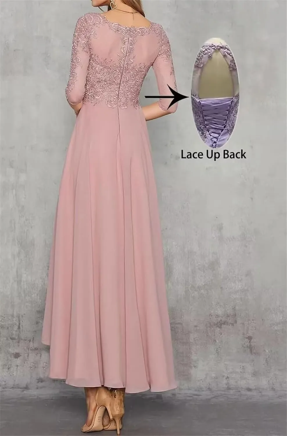 Lace Appliques Mother of The Bride Dress for Wedding V Neck Long Chiffon Formal Dresses with 3/4 Sleeves