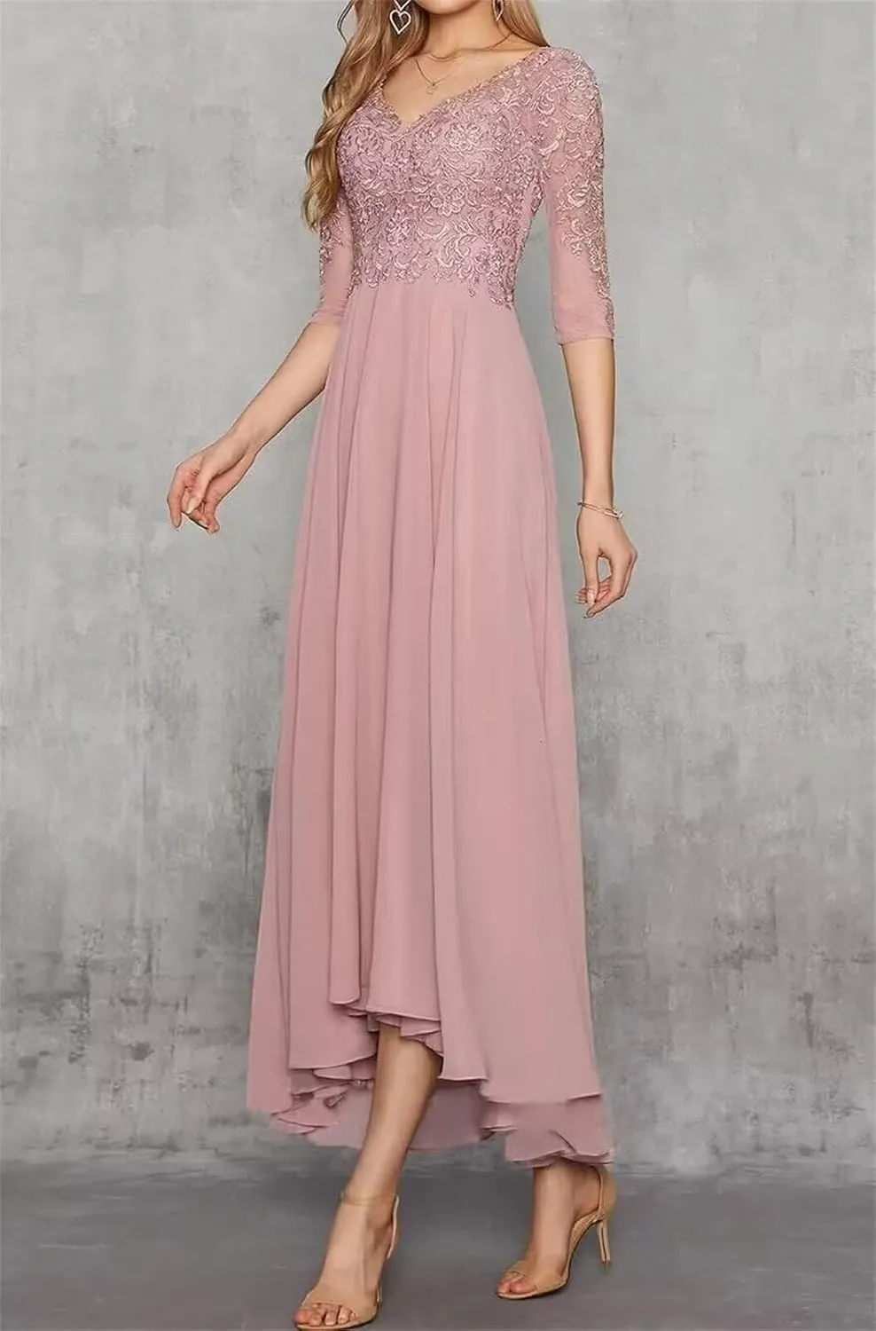 Lace Appliques Mother of The Bride Dress for Wedding V Neck Long Chiffon Formal Dresses with 3/4 Sleeves